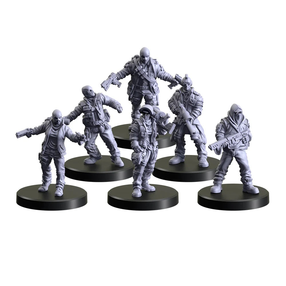 Six unpainted gray miniature armed figures on black bases, posed for action