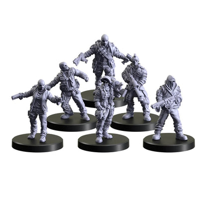 Six unpainted gray miniature armed figures on black bases, posed for action
