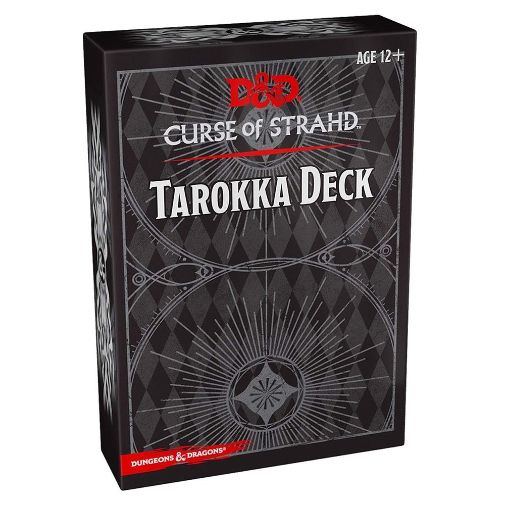 A black D&D Curse of Strahd Tarokka Deck box with mystical grey patterns, viewed at an angle.