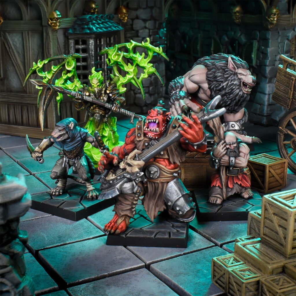 Fantasy miniatures: a red orc playing a guitar-axe, a ratfolk, a green spectral figure with a scythe, a werewolf, and a dwarf in a dark dungeon with a cage and wooden crates