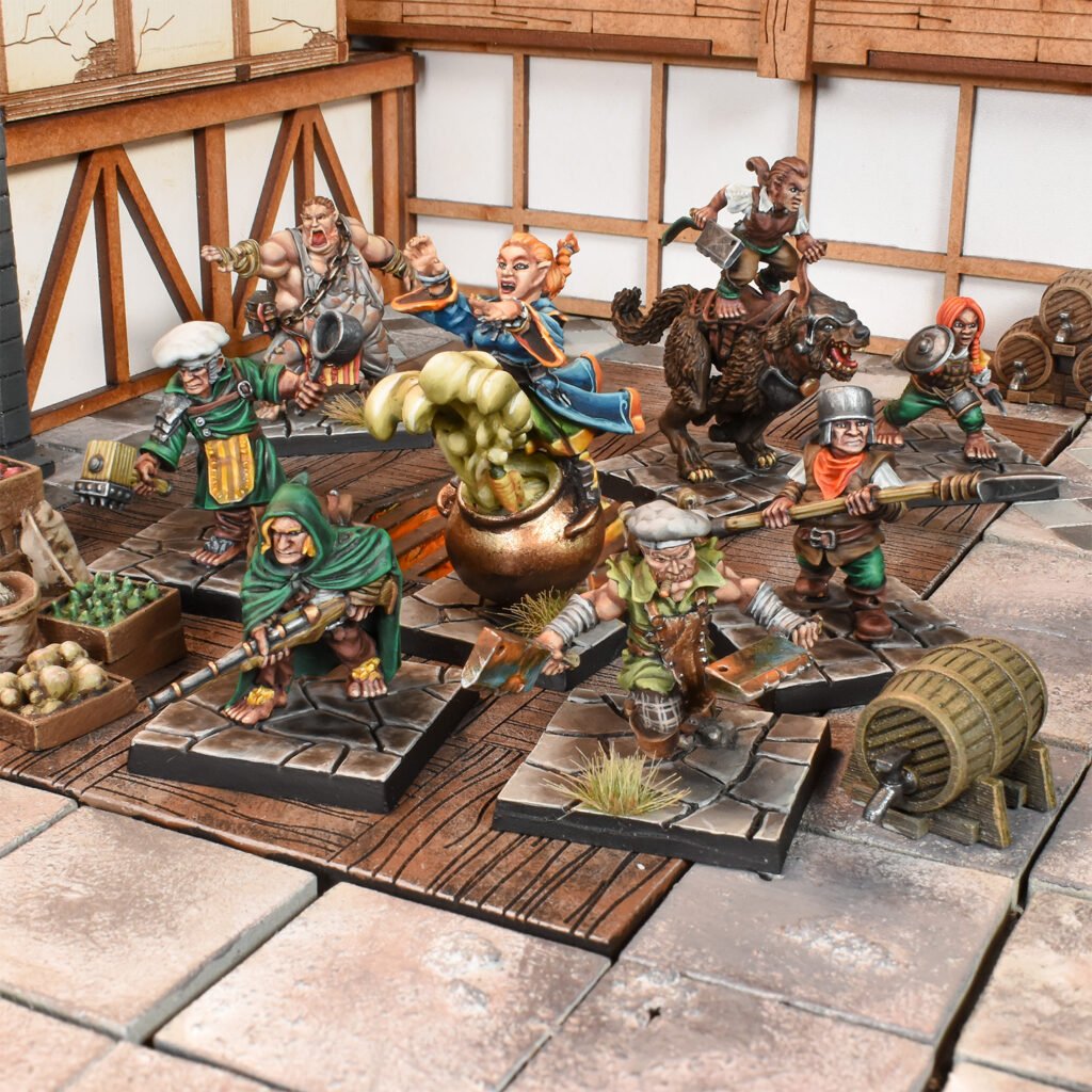 Fantasy miniature diorama of diverse adventurers: a cook, a crossbowman, a rider on a beast, and other warriors in a lively market scene