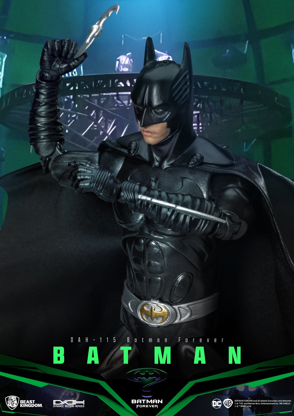 Highly detailed dark gray Batman action figure from Batman Forever in dynamic pose holding a silver batarang