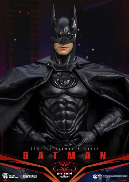 Dark black Batman and Robin action figure from DAH-116 line by Beast Kingdom with molded muscle suit and cape