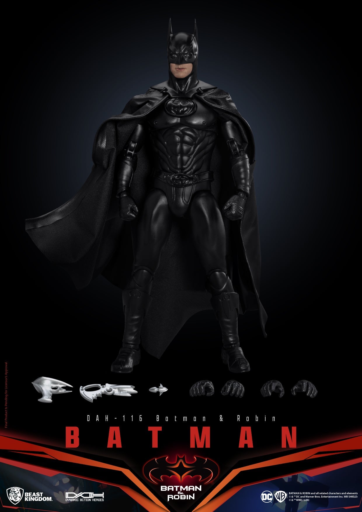 Batman and Robin movie Batman action figure in black suit with cape and accessories on dark background