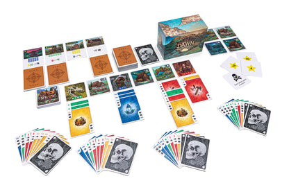 Detailed tabletop setup of Dawn board game in play, showcasing character cards, colorful tokens, and illustrated board components