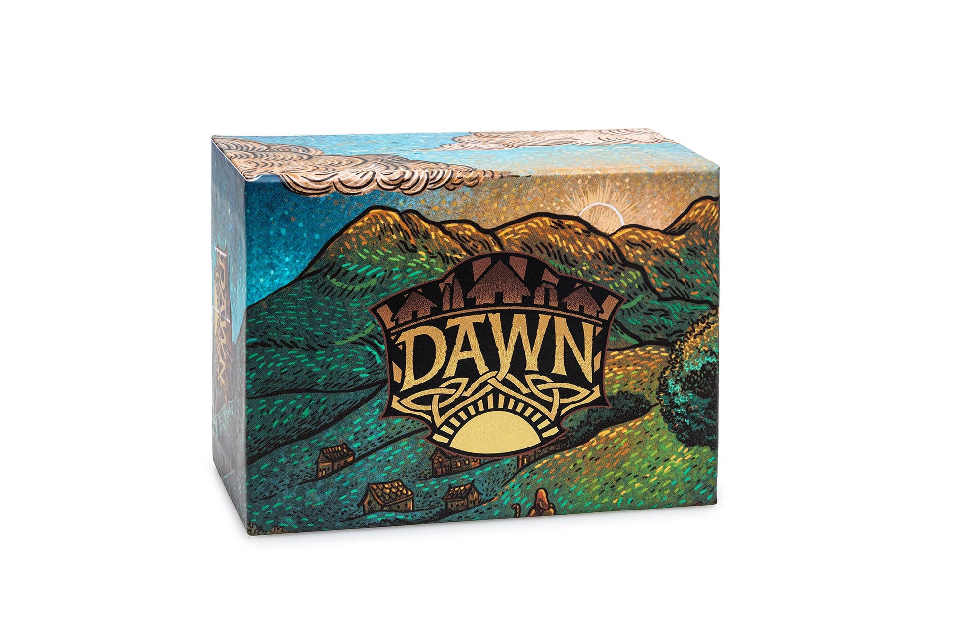 Front of the Dawn board game box featuring vibrant, stylized character art and an expansive fantasy background in deep purples and reds