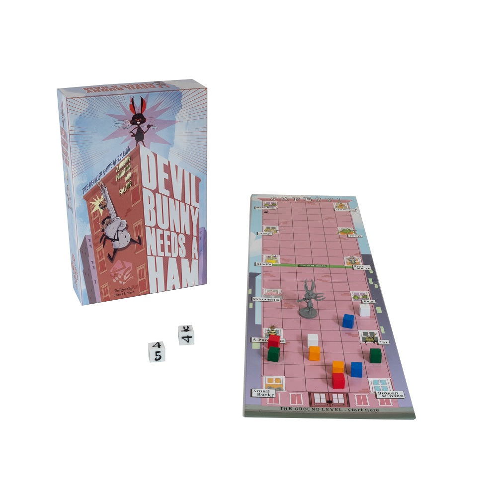 Full set of the 'Devil Bunny Needs a Ham' board game: box (showing a bunny and falling character), game board, pieces, and dice
