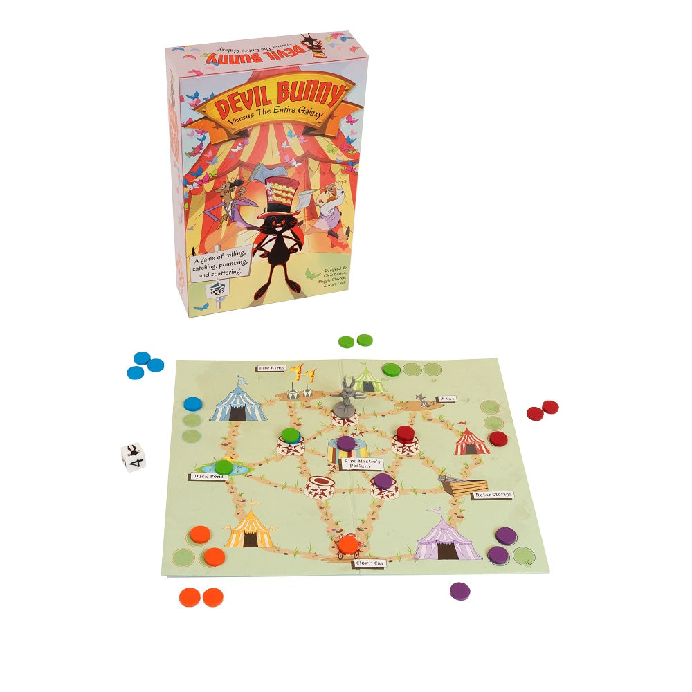 Devil Bunny board game box and setup, showing a green circus-themed board, coloured tokens, and a die
