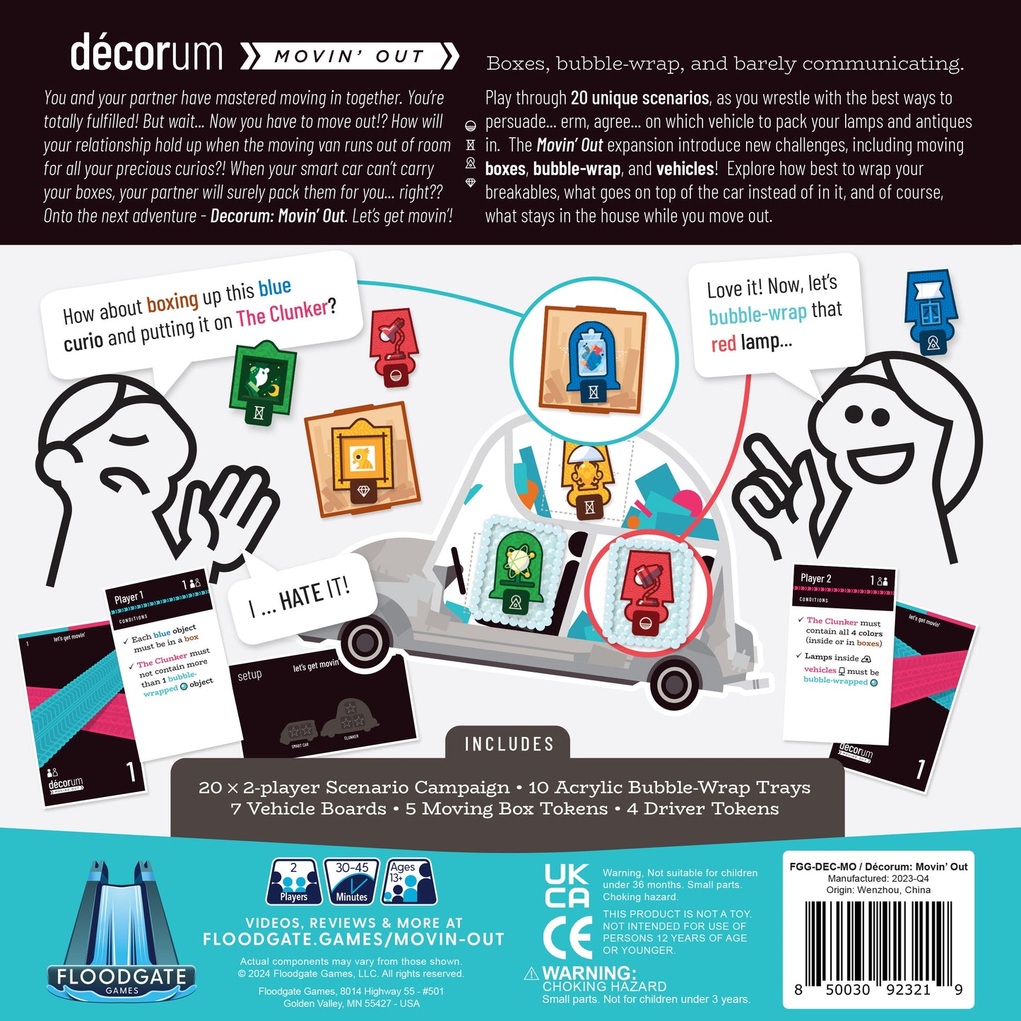 Décorum Movin' Out Expansion box art features a moving truck filled with items, game tokens, and player cards illustrating gameplay, against a teal and white background