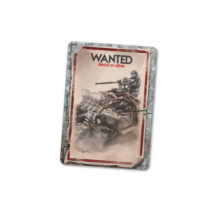 Gritty 'WANTED dead or alive' poster with a soldier aiming a rifle from a makeshift armored vehicle.