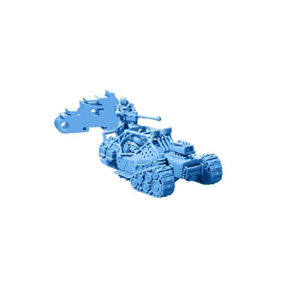 Blue unpainted miniature of a tracked armored vehicle with a soldier operating a mounted cannon.