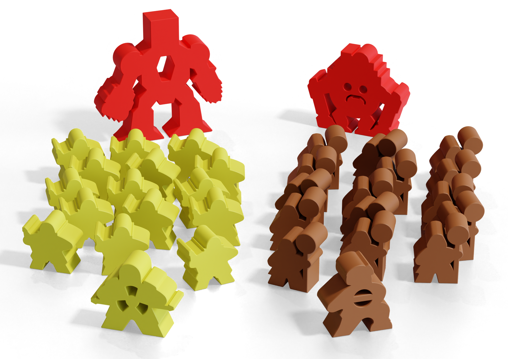 A large red mech oversees yellow meeples, while a sad red monster-like piece oversees brown meeples, on a dark ground