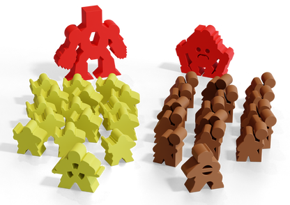 A large red mech oversees yellow meeples, while a sad red monster-like piece oversees brown meeples, on a dark ground
