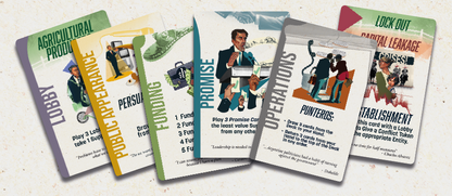 Image 51 Collection of card game cards fanned out showing political themes like Lobby Public Appearance Funding Promise Operations and Lock Out Capital Leakage