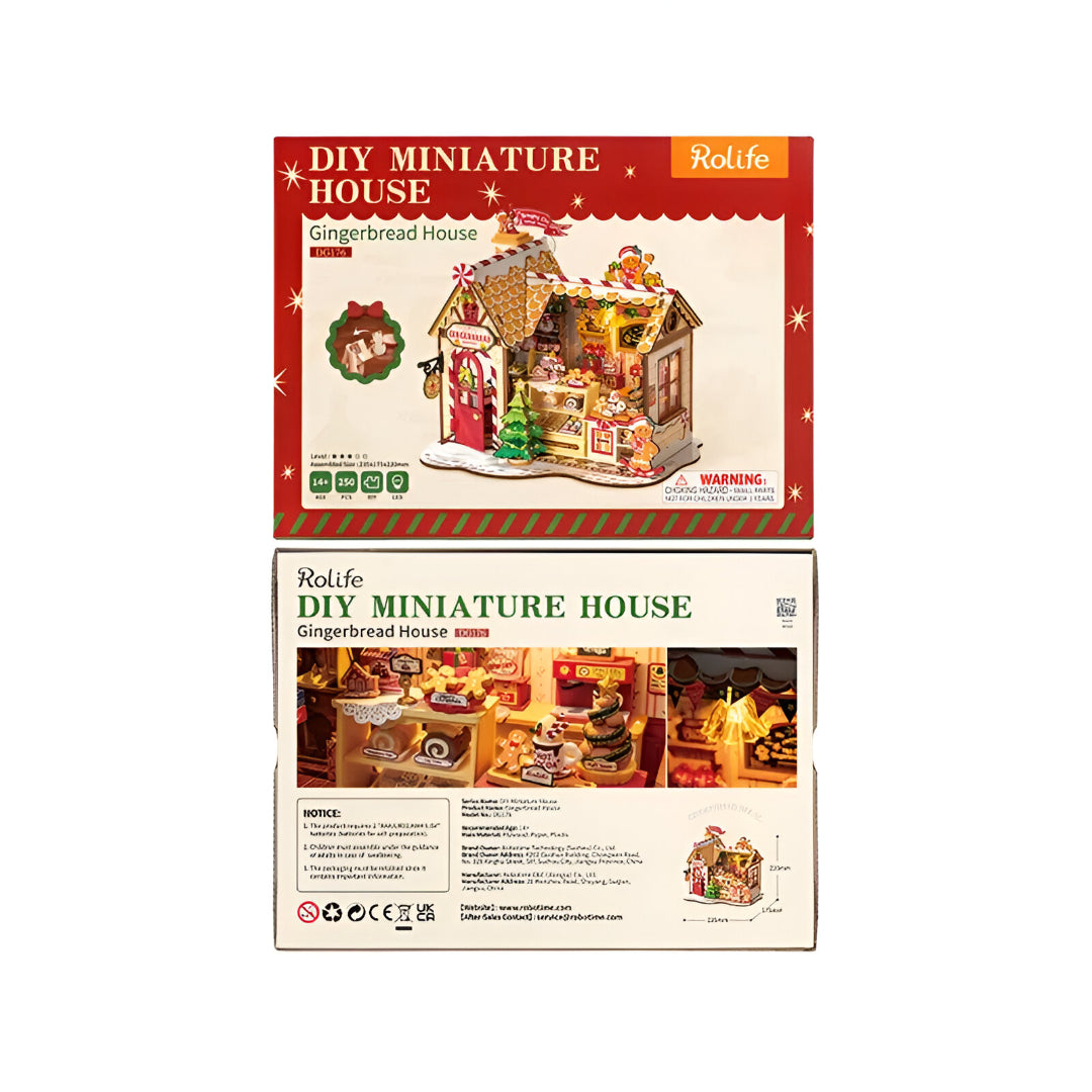 Packaging for a Rolife DIY Miniature Gingerbread House kit, featuring the detailed assembled model