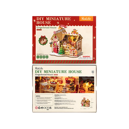 Packaging for a Rolife DIY Miniature Gingerbread House kit, featuring the detailed assembled model