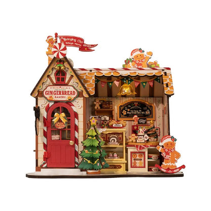Highly detailed Christmas Gingerbread Bakery miniature model decorated with a tree and gingerbread men