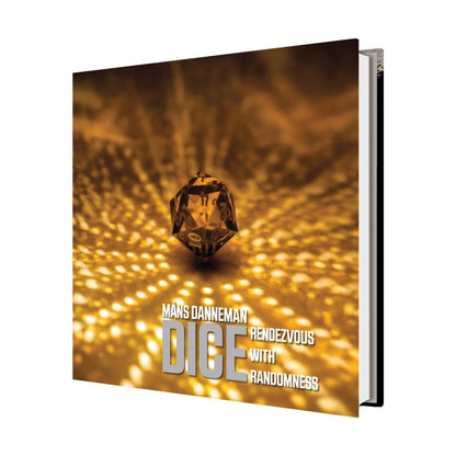 Book cover for "Dice: Rendezvous with Randomness" by MÃ¥ns Danneman, featuring a golden 20-sided die on a sparkling amber background