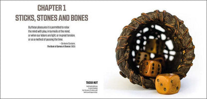Chapter 1: Sticks, Stones and Bones title next to an antique dark leather dice cup holding and spilling several light brown dice