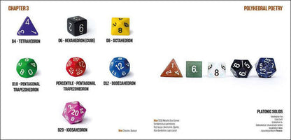Collection of colorful polyhedral dice, including D4, D6, D8, D10, D12, D20, and percentile dice, alongside natural material Platonic solids
