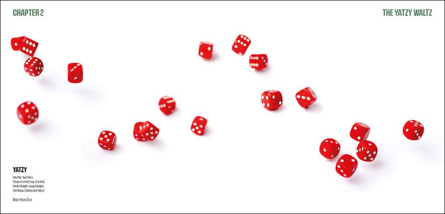 Many red dice with white pips are scattered across a white background