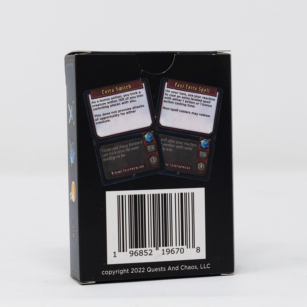 Back of a black Quests and Chaos card game box, showing rules, spells, a barcode, and 2022 copyright