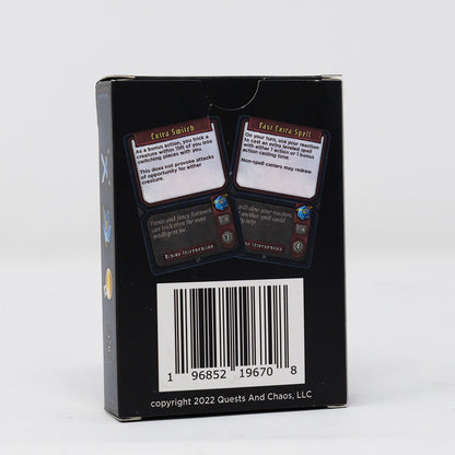 Back of a black Quests and Chaos card game box, showing rules, spells, a barcode, and 2022 copyright
