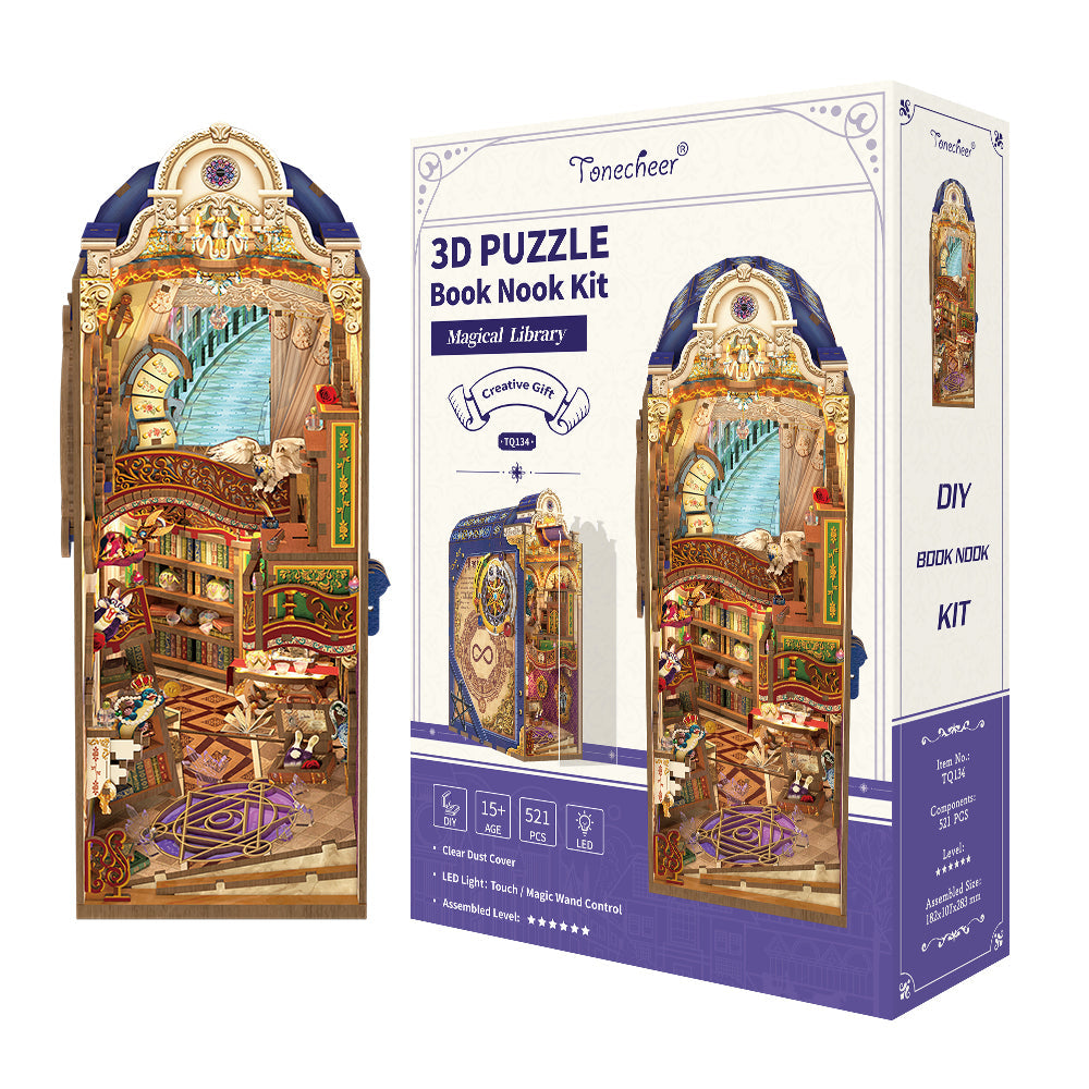 Tonecheer Magical Library 3D puzzle book nook kit, showing the assembled miniature library and its product box