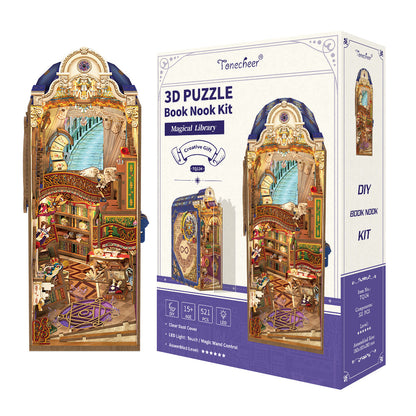 Tonecheer Magical Library 3D puzzle book nook kit, showing the assembled miniature library and its product box