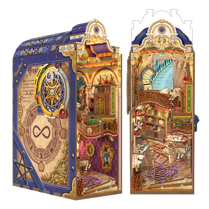 Detailed magical library book nook shaped like an open ornate book, revealing miniature multi-level rooms with library shelves and decor