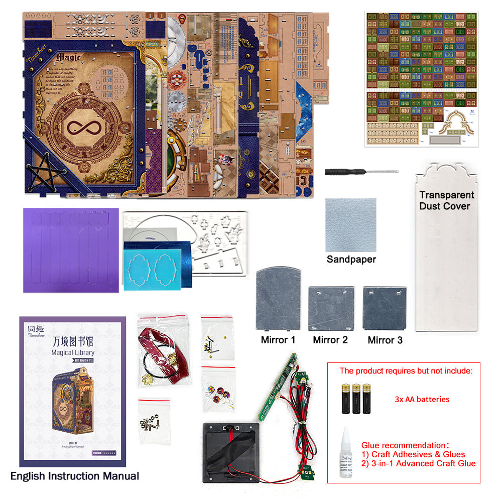 DIY Tonecheer Magical Library book nook kit components: cardboard pieces, accessories, LED lights, instructions, and list of required items