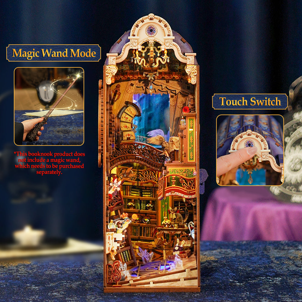 An illuminated, multi-level book nook diorama of a fantasy library, featuring interactive light control via wand or touch switch