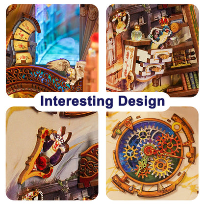 Intricate miniature model details: spiral staircase, bookshelf, fantasy character, and steampunk gears