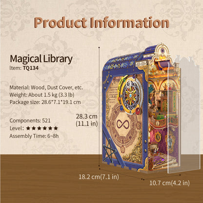 A miniature 'Magical Library' book nook kit, showing an ornate blue book cover and a detailed interior of a tiny library