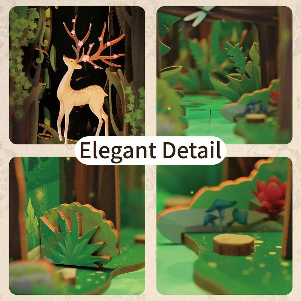 Elegant, detailed 3D forest diorama close-ups: a deer with ornate antlers, trees, pond, mushrooms, and fireflies