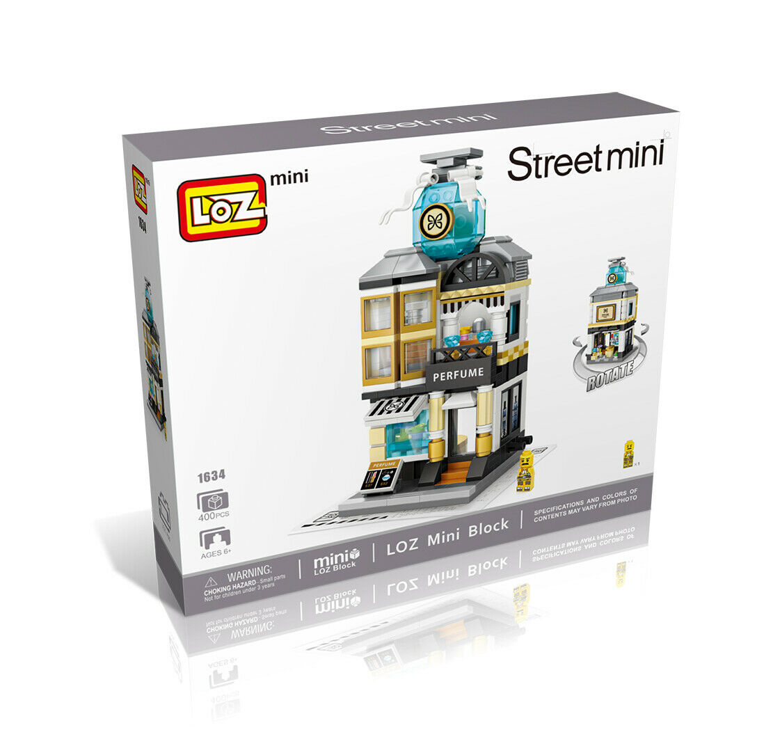 White box showing the Loz Street Mini Perfume Shop building set number 1634, which is a two-story miniature block model topped with a large turquoise perfume bottle