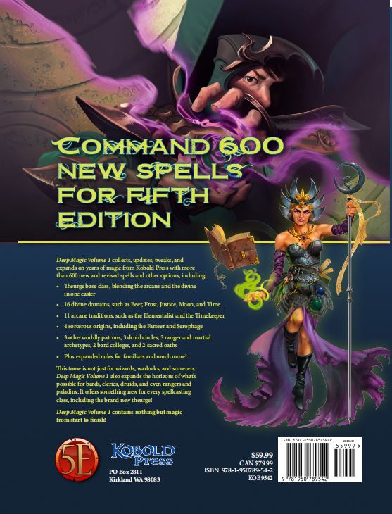 The back cover of a Deep Magic Volume 1 sourcebook displays a male and female magic user with purple energy and the text Command 600 New Spells for Fifth Edition