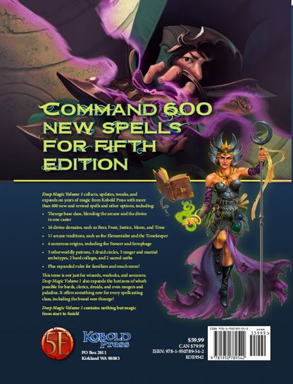 The back cover of a Deep Magic Volume 1 sourcebook displays a male and female magic user with purple energy and the text Command 600 New Spells for Fifth Edition
