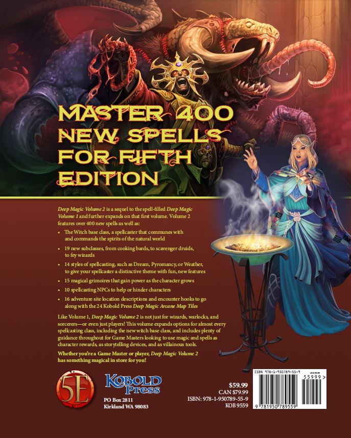 A fantasy sourcebook cover featuring an elf-like spellcaster and monstrous creatures with the title Master 400 New Spells for Fifth Edition