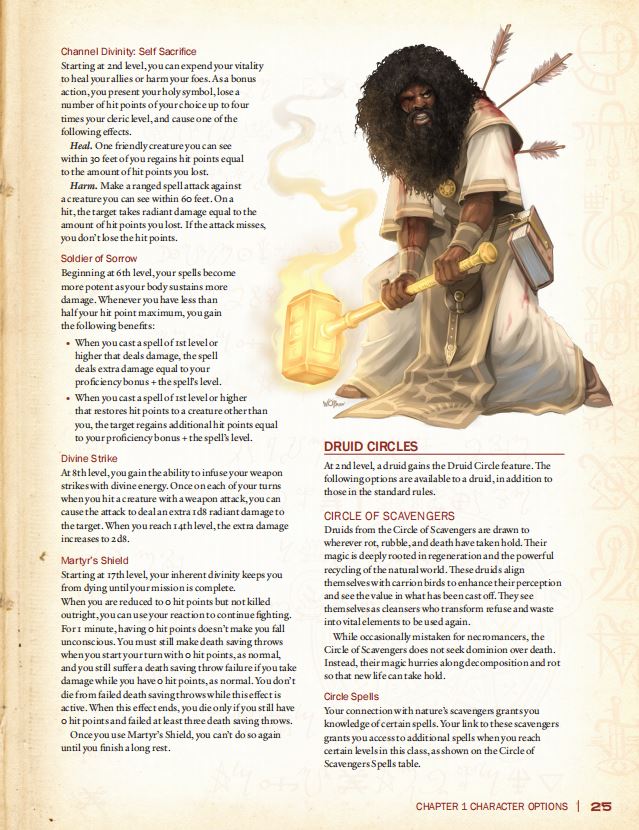 A bearded man in a white robe with arrows in his back holds a glowing golden hammer on a page of the Deep Magic Volume 1 Rulebook