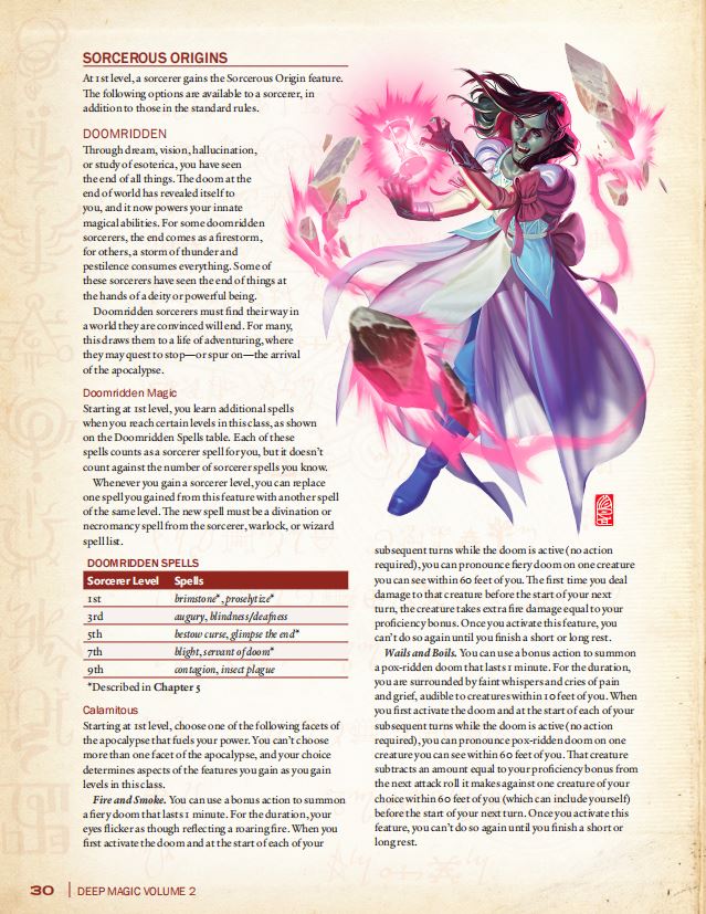 A rulebook page features dense text about sorcerous origins and spells, alongside a vibrant illustration of a female sorcerer unleashing pink magical energy and floating crystals