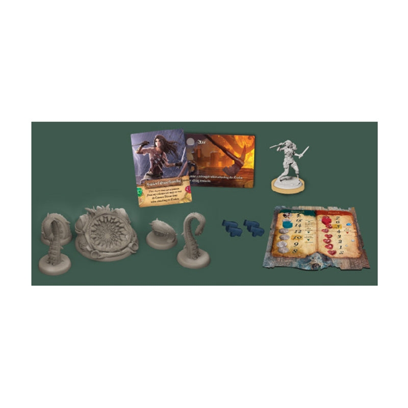Board game components: monster and warrior miniatures, character cards, blue tokens, and a player dashboard