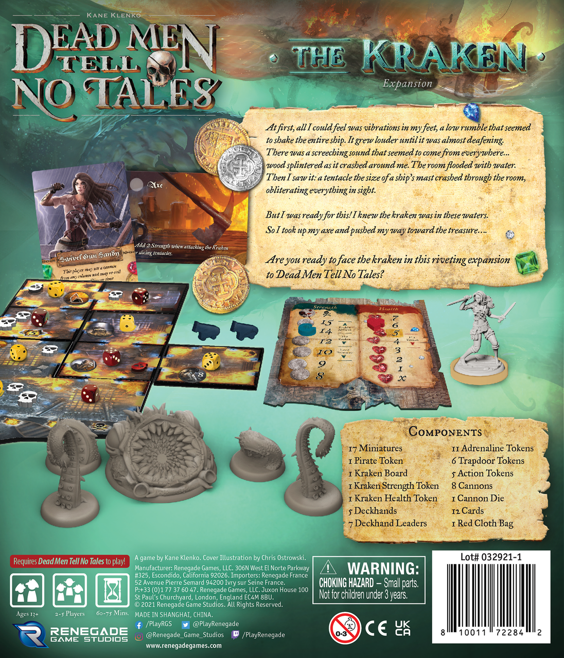 Back of the Dead Men Tell No Tales: The Kraken Expansion board game box, featuring Kraken miniatures, game board, and cards
