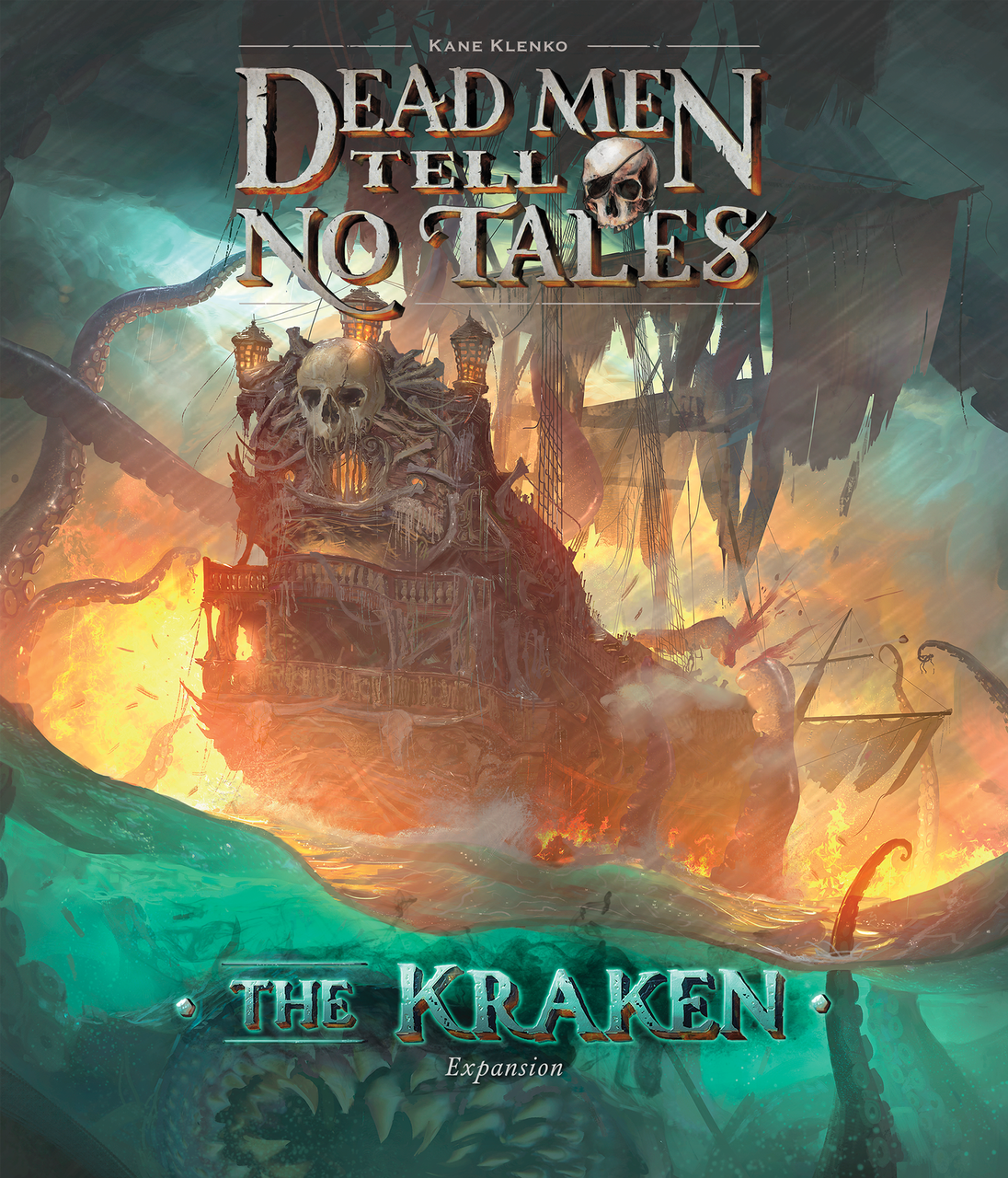 A damaged ship, adorned with a skull, is attacked by a giant kraken&#39;s tentacles in a fiery, turbulent sea