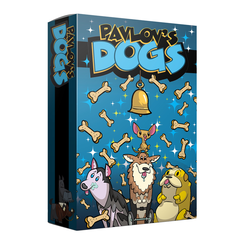 The Pavlov's Dogs game box features a blue background with falling bones and a bell above three cartoon dogs, one with a smaller dog on its head, and a dog on the spine.