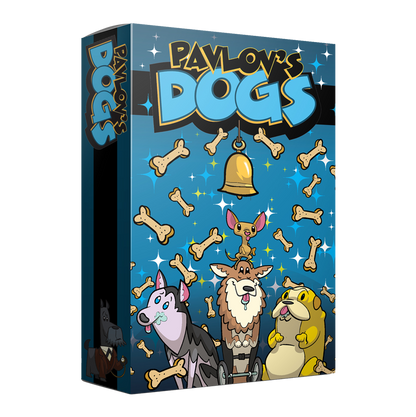 The Pavlov's Dogs game box features a blue background with falling bones and a bell above three cartoon dogs, one with a smaller dog on its head, and a dog on the spine.