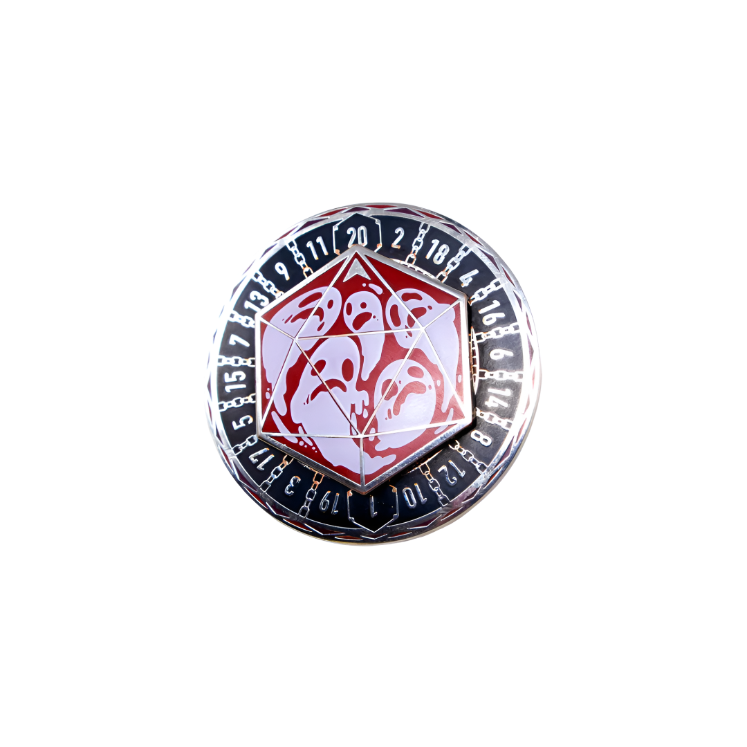D20 Spinner Pin displaying the Dungeons & Dragons ampersand logo in red and white, surrounded by numbers 1-20