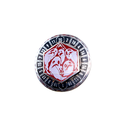 D20 Spinner Pin displaying the Dungeons & Dragons ampersand logo in red and white, surrounded by numbers 1-20