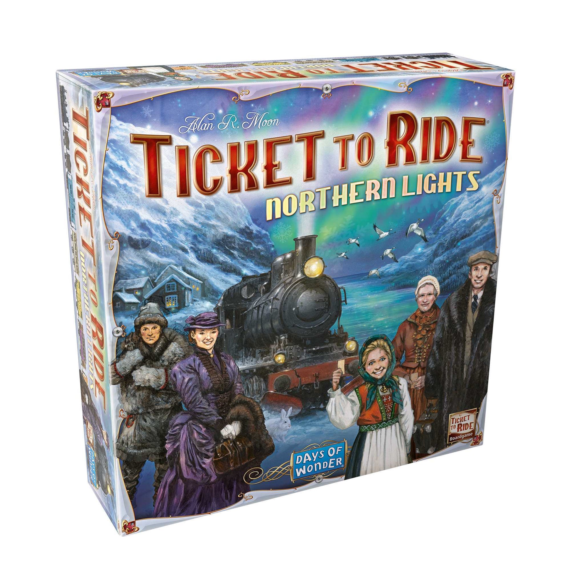 Box art for Ticket to Ride: Northern Lights, A steam train and travelers stand beneath the vivid green Aurora Borealis