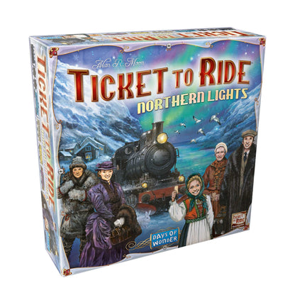 Box art for Ticket to Ride: Northern Lights, A steam train and travelers stand beneath the vivid green Aurora Borealis